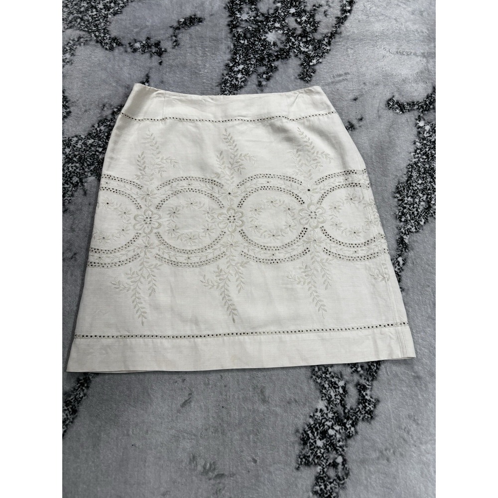 Carlisle Ivory Linen Cotton Embroidered Eyelet A-Line Skirt Womens Size 12 Lined